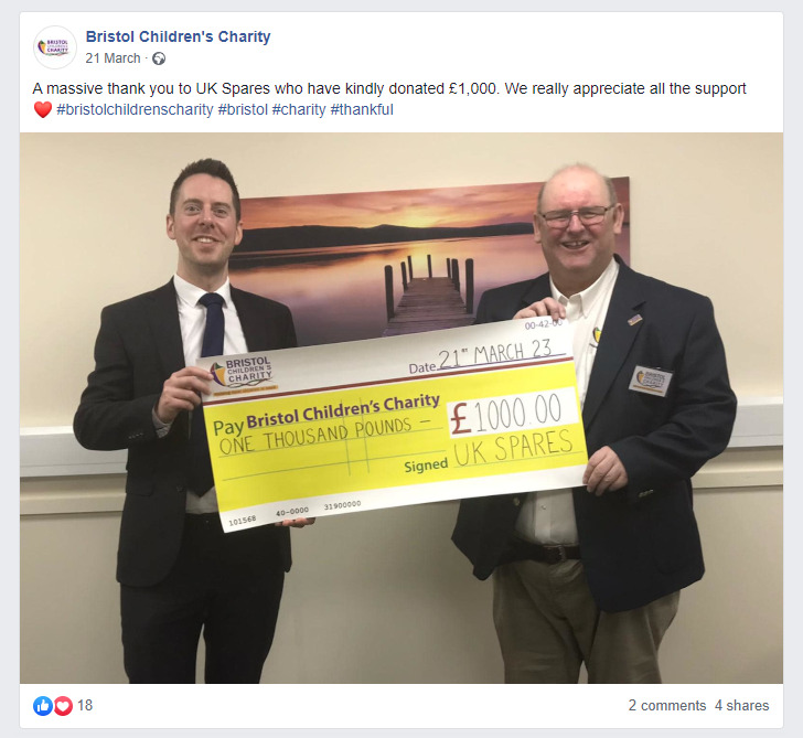 Bristol Children's Charity Donation Cheque